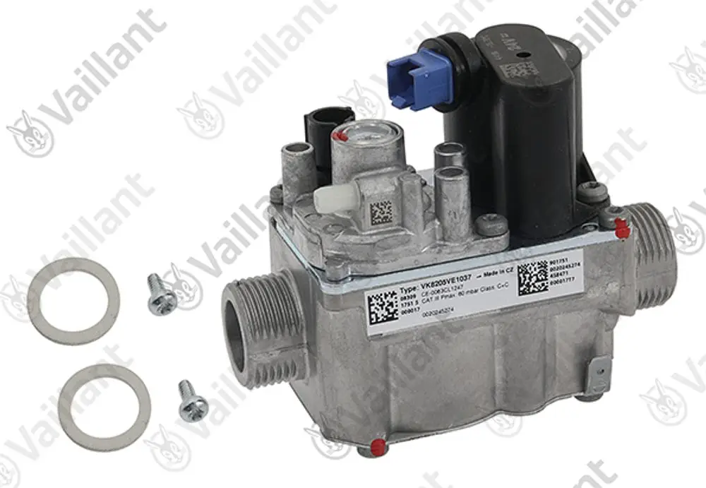 Vaillant Gasarmatur mit mehreren Anschlüssen, einem elektrischen Anschluss und Zubehörteilen wie Dichtungen und Schrauben für die Montage.